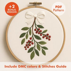 Mistletoe Berry Embroidery Pattern PDF – Christmas Leaves & Bow Embroidery Design
