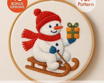 Snowman Embroidery Pattern – Christmas Sledding Snowman PDF