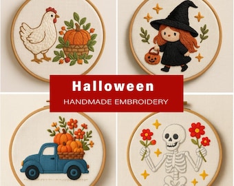 Halloween Embroidery Pattern Bundle PDF, Witch Girl Skeleton Pumpkin Truck Chicken Basket Designs