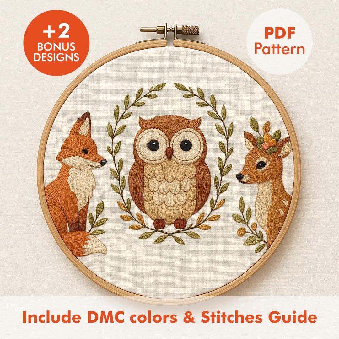 Woodland Animal Embroidery Pattern PDF With DMC Colors | Fox Owl Deer ...