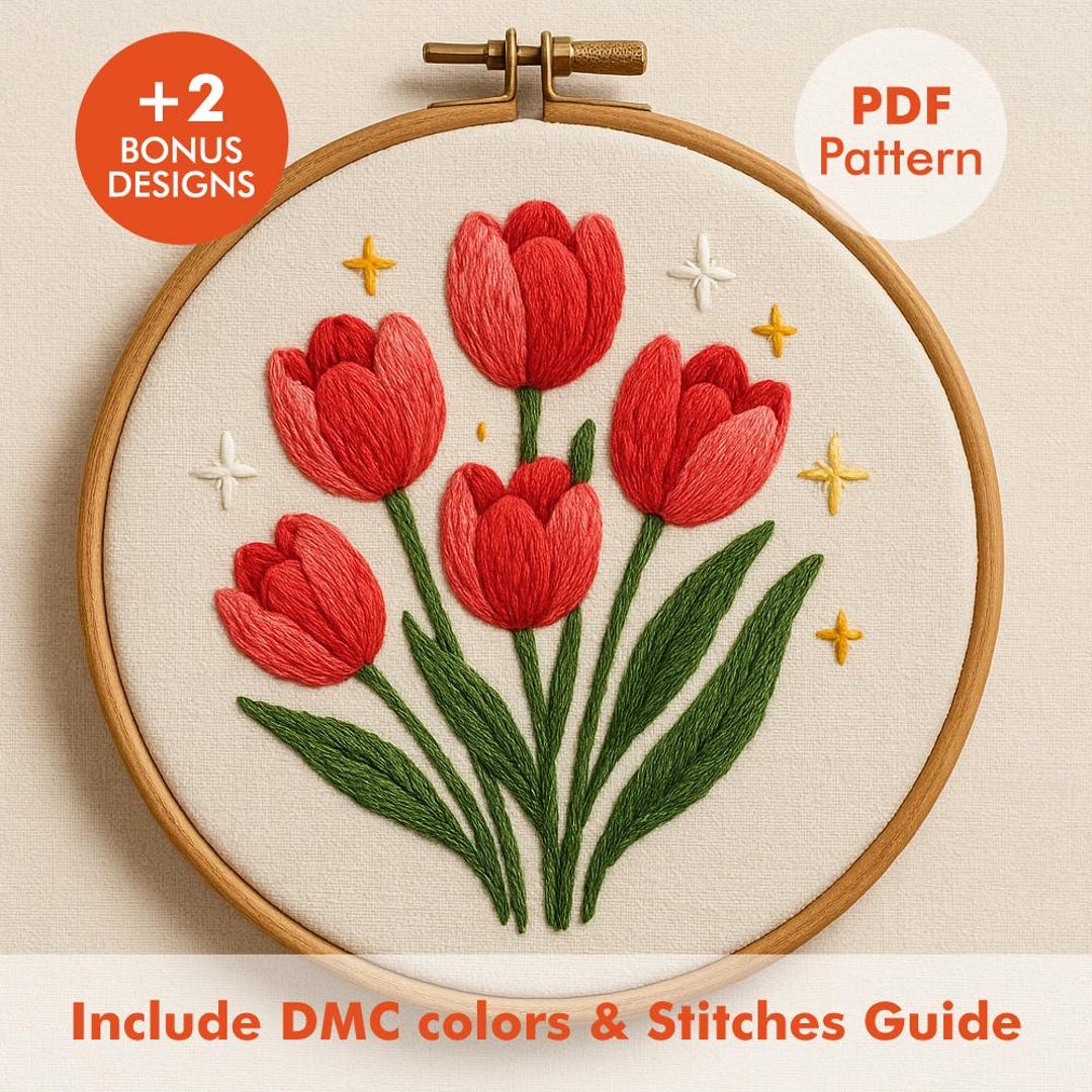 Tulip Embroidery Pattern PDF, Floral Hand Design, Spring Flower ...