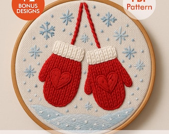 Christmas Mittens Embroidery Pattern PDF – Cozy Red Mittens with Snowflakes