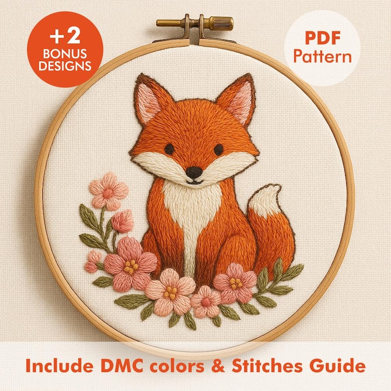 Fox Embroidery PDF Pattern • Woodland Animal Hoop Art • Floral Hand ...