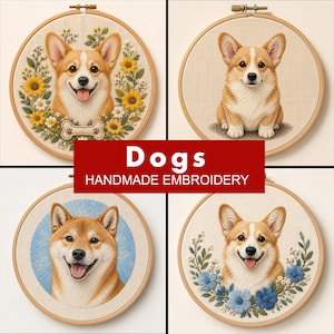 Dog Embroidery Pattern Bundle, 4 Corgi and Shiba Inu Floral PDF Designs, Beginner Hand Embroidery Hoop Art, Printable Dog Patterns