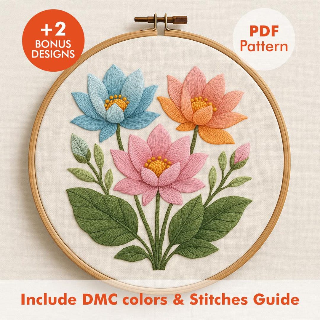 Lotus Flower Embroidery Pattern PDF – Colorful Floral Hoop Art - Etsy