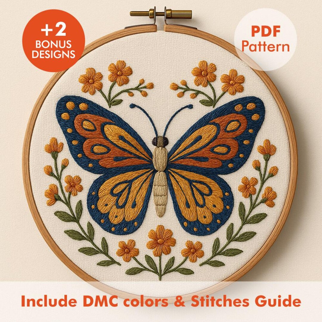 Butterfly Embroidery Pattern PDF, Floral Insect Hoop Art With DMC Guide ...