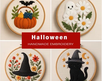 Halloween Embroidery Pattern Bundle PDF, Pumpkin Basket Ghost Daisy Witch Hat Black Cat Designs,