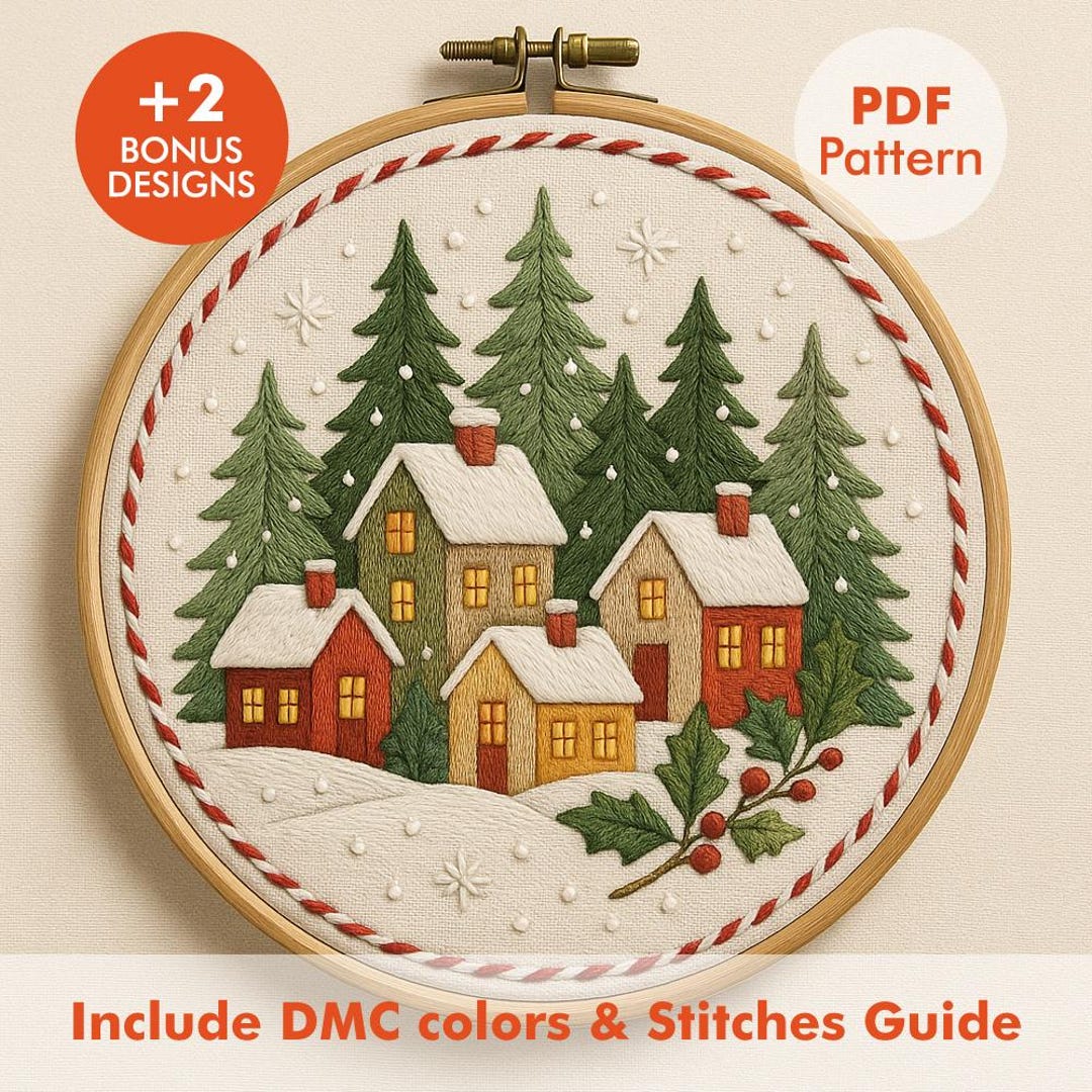 Christmas Village Embroidery Pattern PDF | Cozy Winter Houses & Trees ...