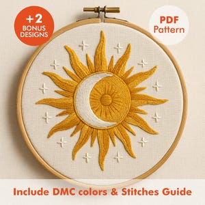 Sun Moon Embroidery Pattern PDF, Celestial Sunburst Design, Boho Astrology Embroidery,