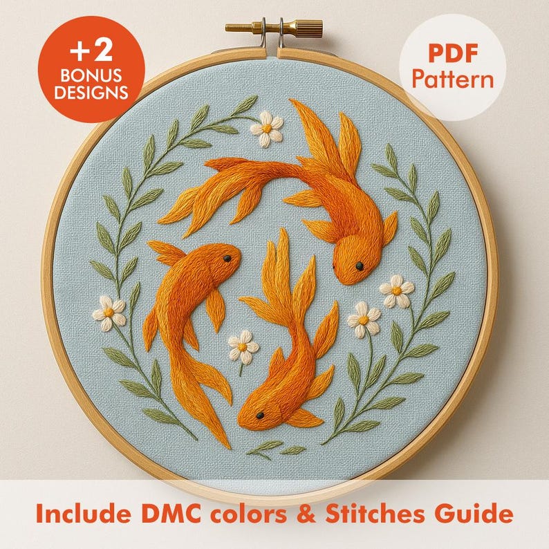 Koi Fish Embroidery Pattern PDF With DMC Color Guide, Floral Koi Hoop ...