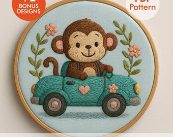 Monkey Embroidery Pattern PDF, Monkey in Car Hoop Art, DMC Colors & Stitches Guide
