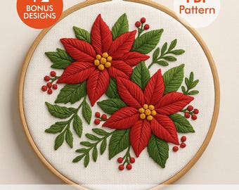 Padrão de Bordado de Poinsétia – Arte Floral de Natal em Bastidor em PDF,