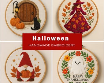 Halloween Embroidery Pattern Bundle PDF, Witch Dress Gnome Pumpkin Door Cat Ghost Floral Designs,
