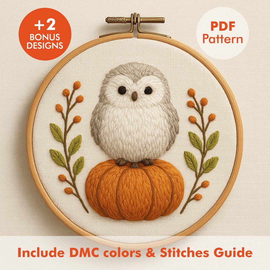 Owl Pumpkin Embroidery Pattern PDF | Fall Halloween Hand Embroidery ...