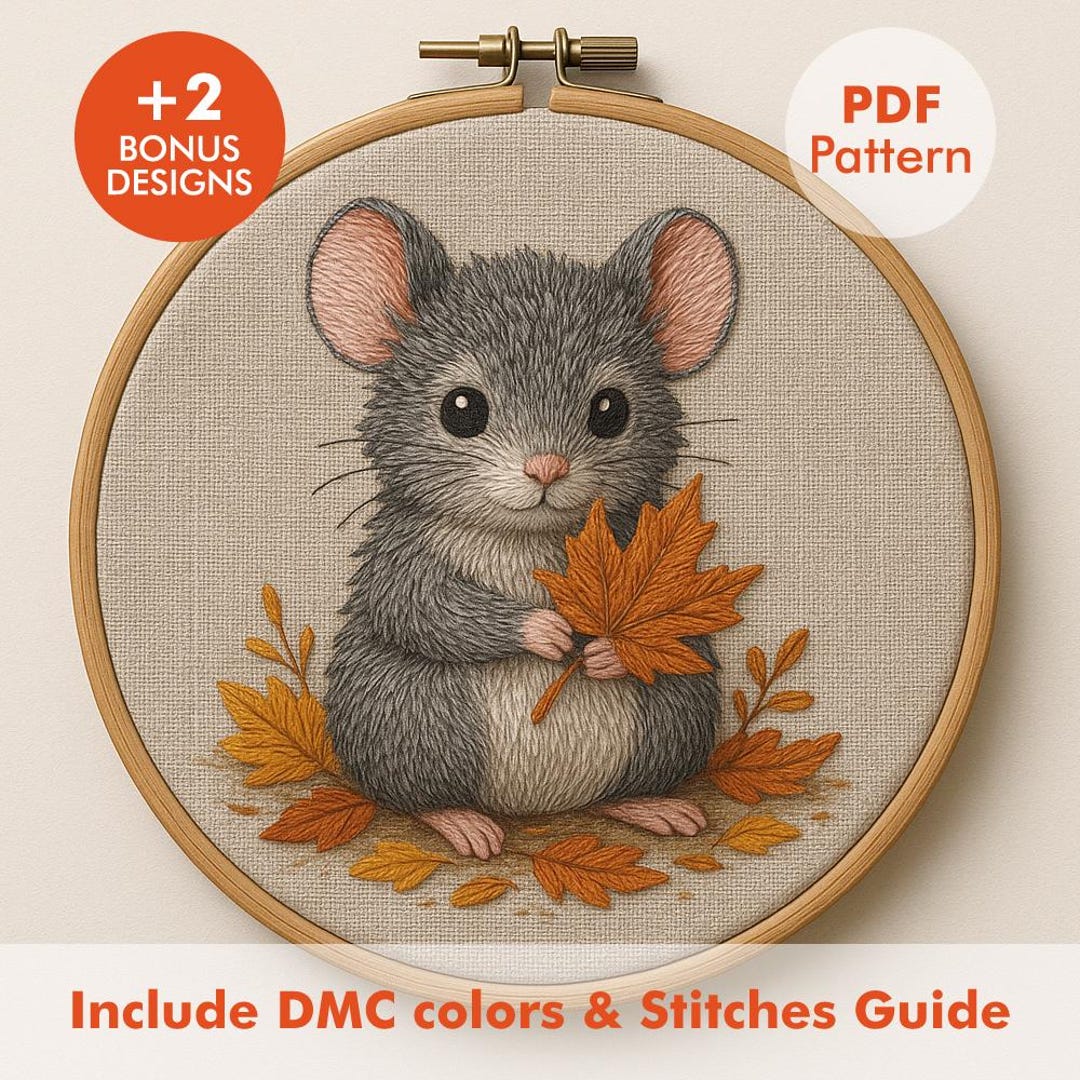 Mouse Embroidery Pattern PDF With DMC Colors & Stitch Guide, Autumn ...