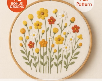 Wildflower Meadow Embroidery Pattern – Yellow & Orange Floral Hoop Art PDF