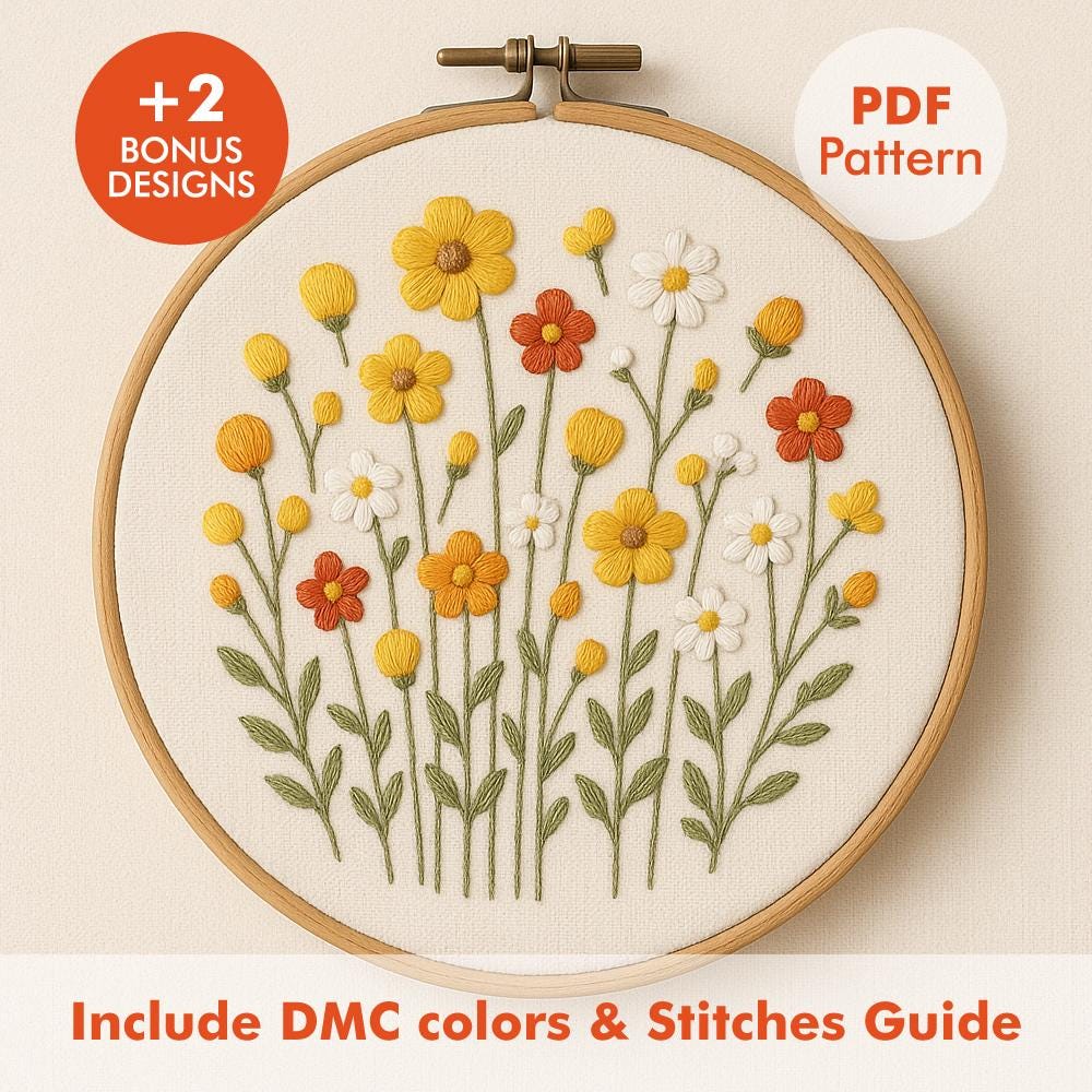 Wildflower Meadow Embroidery Pattern – Yellow & Orange Floral Hoop Art ...