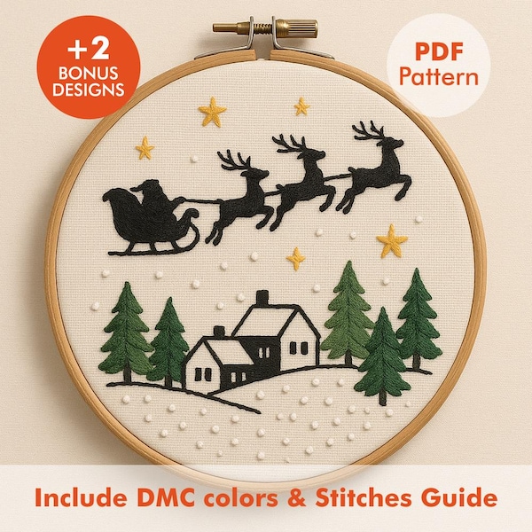 Santa Sleigh Christmas Embroidery Pattern PDF | Flying Reindeer Winter Scene Hand Needlework Hoop Art