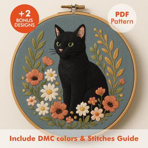 Black Cat Floral Portrait Embroidery Pattern PDF with DMC Guide, Elegant Botanical Kitty Hoop