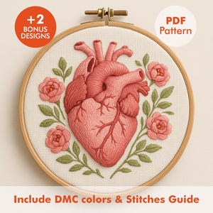 Anatomical Heart Embroidery Pattern PDF, Floral Heart Hoop Art Design,