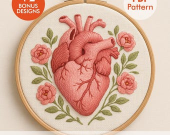 Anatomical Heart Embroidery Pattern PDF, Floral Heart Hoop Art Design,