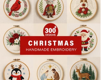 Christmas Embroidery Bundle | 300+ Holiday PDF Patterns | Santa, Angel, Penguin, Nativity, Deer & Floral Designs