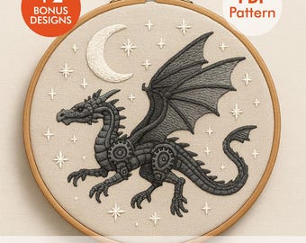 Dragon Embroidery Pattern PDF, Gothic Fantasy Design, Celestial Night Embroidery