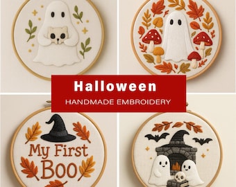 Halloween Embroidery Pattern Bundle PDF, Ghost Cat Mushroom My First Boo Fireplace Designs,