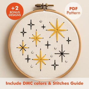 May include: A cream-colored embroidery hoop with a starburst design in yellow and black thread. The text "+2 BONUS DESIGNS" and "PDF Pattern" are visible. The text "Include DMC colors & Stitches Guide" is also present.