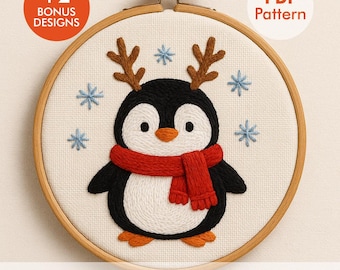 Christmas Penguin Embroidery Pattern PDF – Winter Penguin with Antlers & Scarf