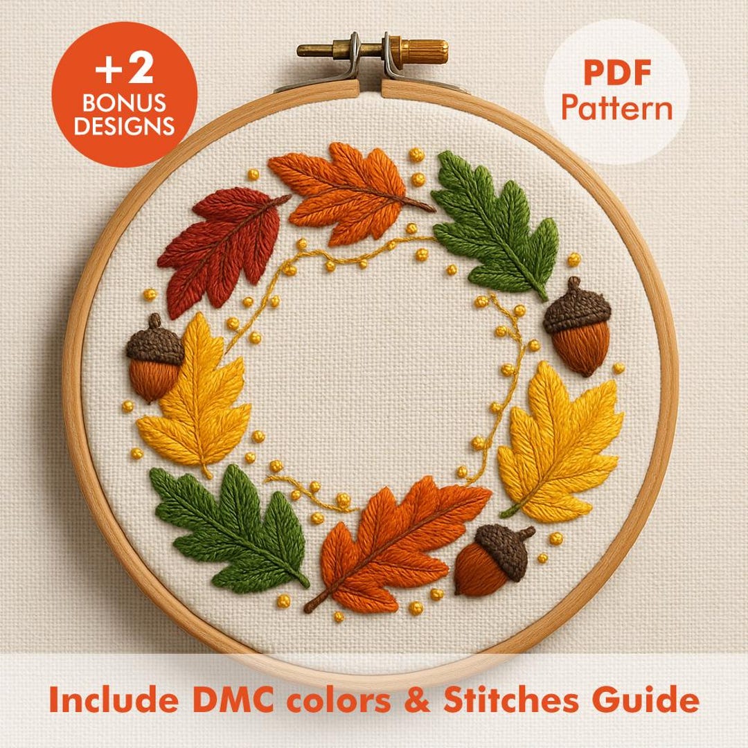 Autumn Leaves Embroidery Pattern PDF | Fall Wreath Acorn D - Etsy
