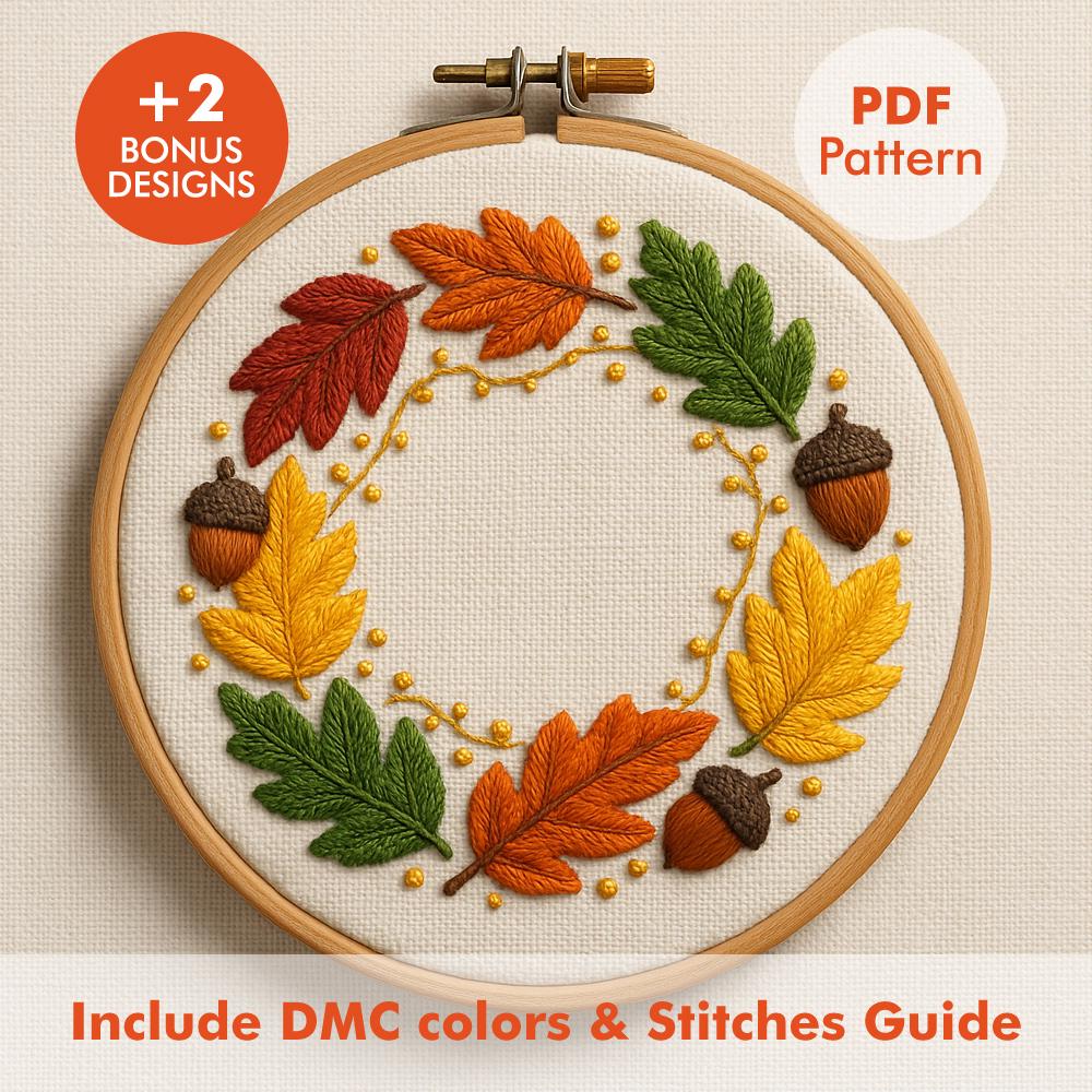 Autumn Leaves Embroidery Pattern PDF | Fall Wreath Acorn D - Etsy