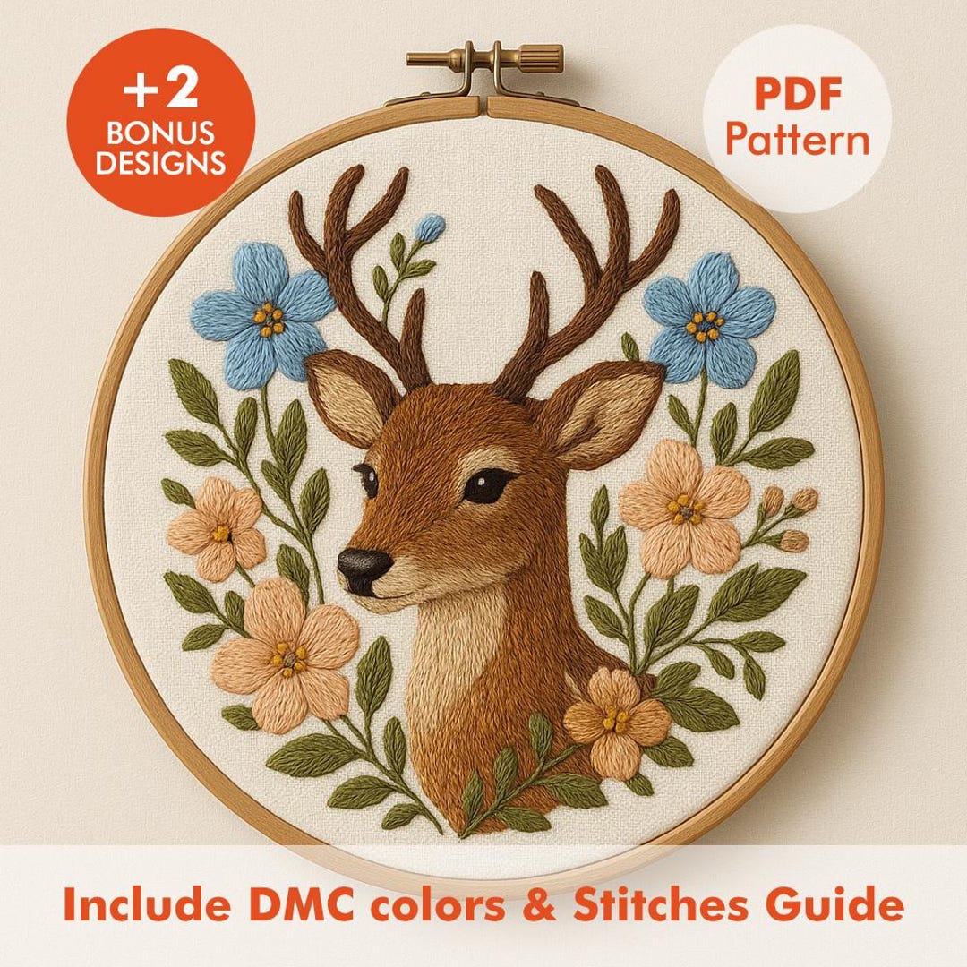 Floral Deer Embroidery Pattern PDF With DMC Color Chart & Stitch Guide ...