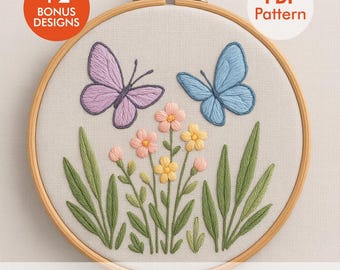 Butterfly Garden Embroidery Pattern – Floral Spring Hoop Art with Pastel Butterflies