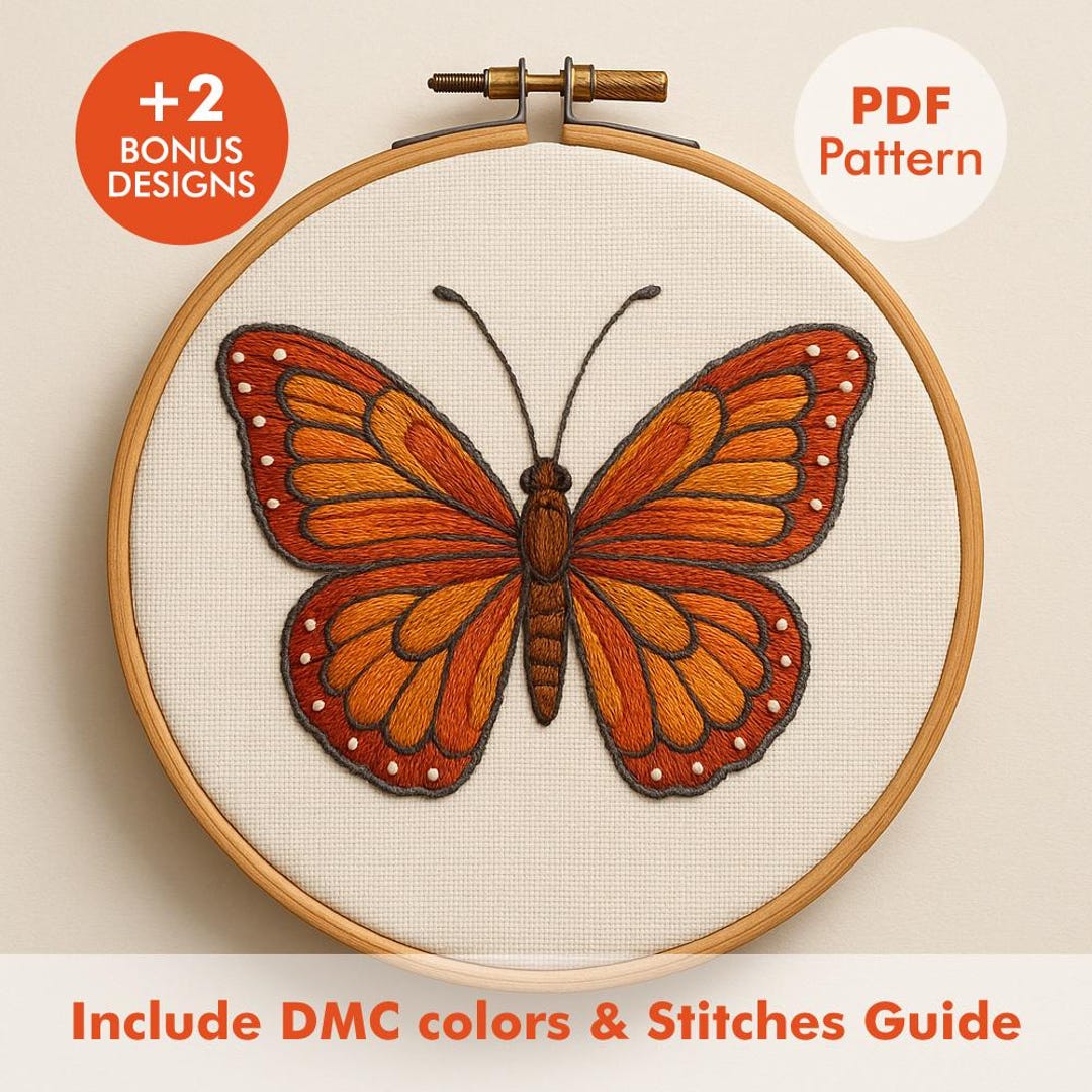 Monarch Butterfly Embroidery Pattern PDF, Orange Butterfly Hoop Art ...
