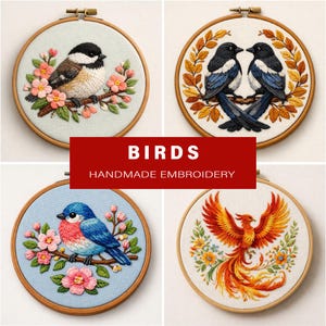 Bird Embroidery Pattern Bundle PDF, Phoenix Bluebird Chickadee Magpie Floral Hoop Art,