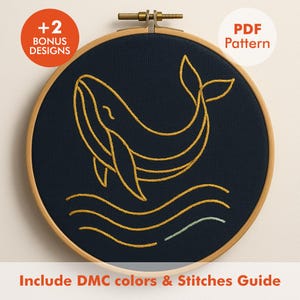 Minimalistisch walvisborduurpatroon pdf met DMC-kleuren en steekgids