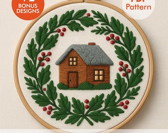 Christmas House Embroidery Pattern – Cozy Winter Cottage Hoop Art PDF