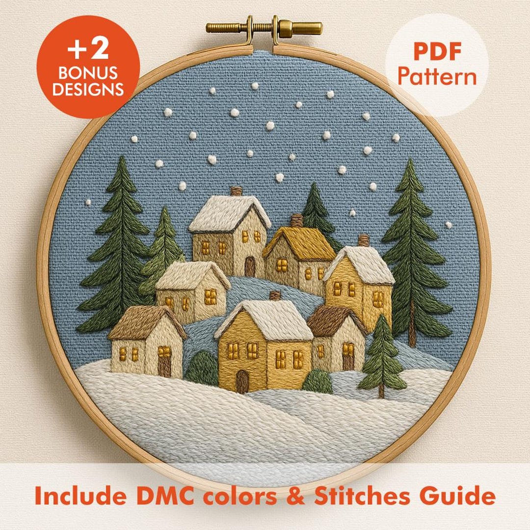 Winter Village Embroidery Pattern PDF | Cozy Snowy Houses & Pine Trees ...