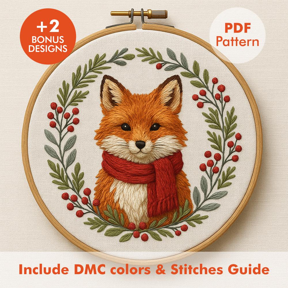 Christmas Fox Embroidery Pattern PDF | Winter Fox With Scarf & Berry ...