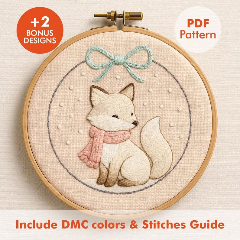 Winter Fox Embroidery Pattern PDF | Christmas Fox With Scarf & Bow - Etsy