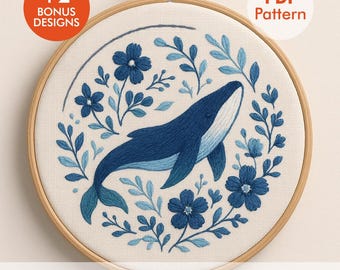 Whale Embroidery Pattern PDF with DMC Colors | Ocean Floral Hoop Art Design