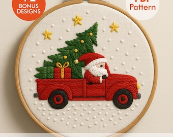 Santa Truck Embroidery Pattern PDF – Red Vintage Truck with Christmas Tree & Gifts