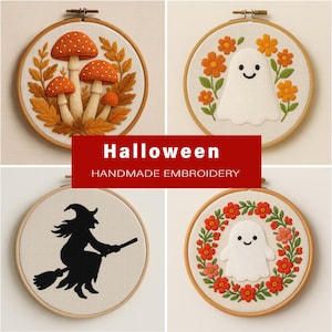 Halloween Embroidery Pattern Bundle PDF, Mushroom Ghost Witch Designs Pack,