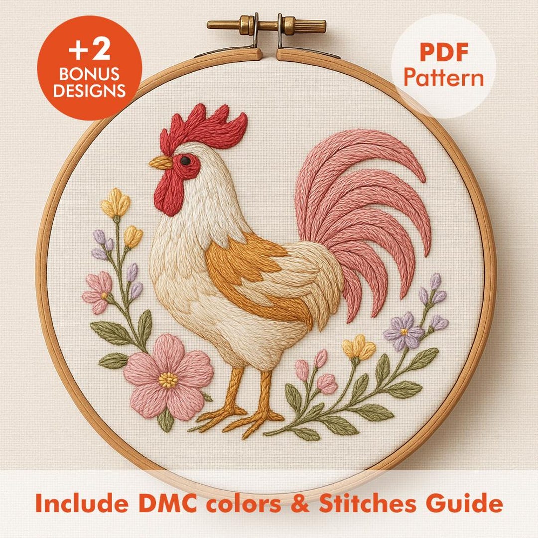 Free Printable Rooster Patterns.pdf Rooster Embroidery Pattern PDF, Floral Farmhouse Hoop Art With DMC ...