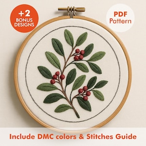 Holly Berry Branch Embroidery Pattern – Christmas Botanical PDF