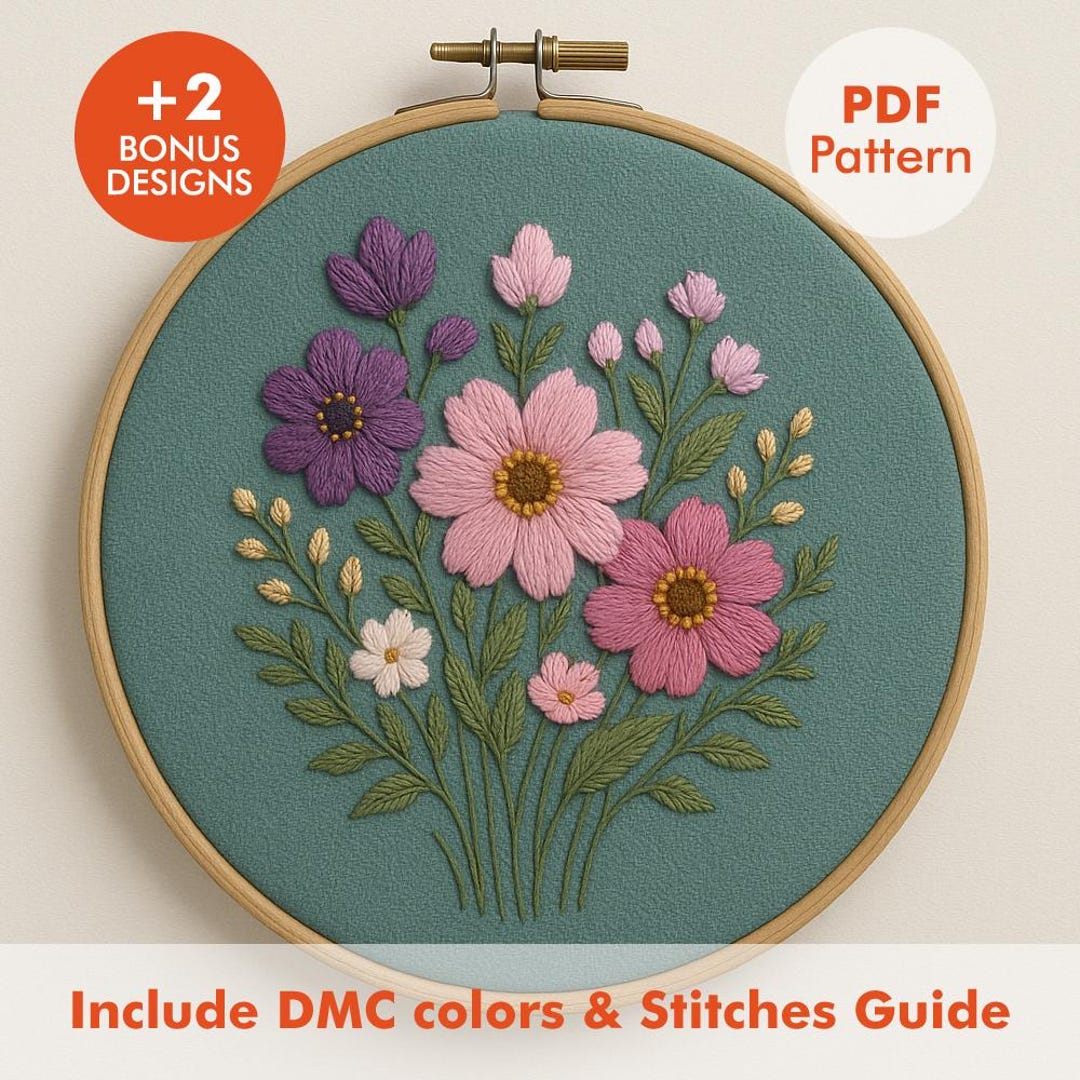 Colorful Wildflower Embroidery Pattern PDF – Pink & Purple Floral Hoop ...