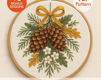 Pinecone Christmas Embroidery Pattern – Winter Greenery & Floral Bouquet – Holiday Hoop Art