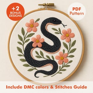 May include: Embroidery hoop featuring a black snake design with peach-colored flowers and green leaves. The text "PDF Pattern" and "+2 Bonus Designs" are visible. The text "Include DMC colors & Stitches Guide" is also included.