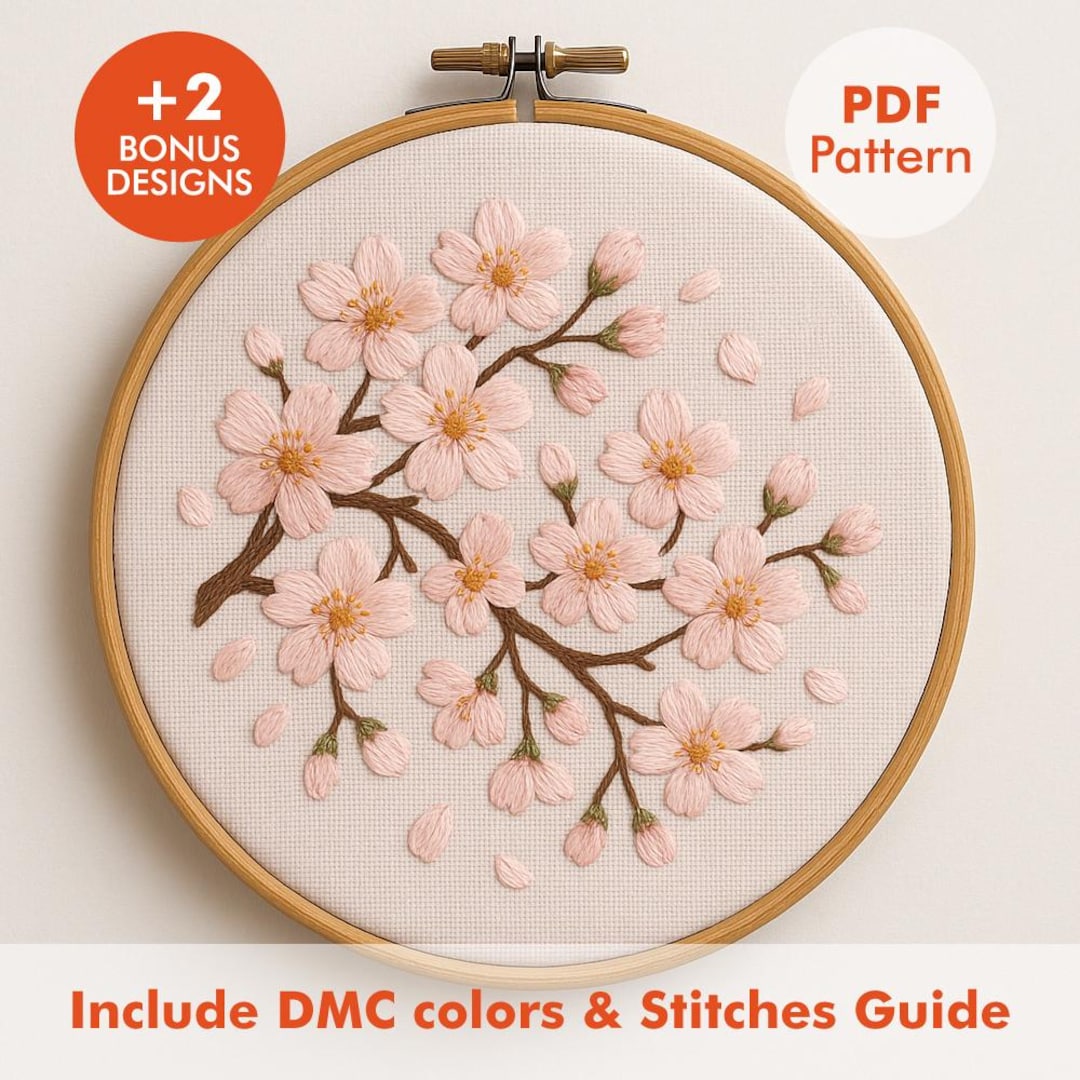 Cherry Blossom Embroidery Pattern PDF – Elegant Sakura Branch Design ...